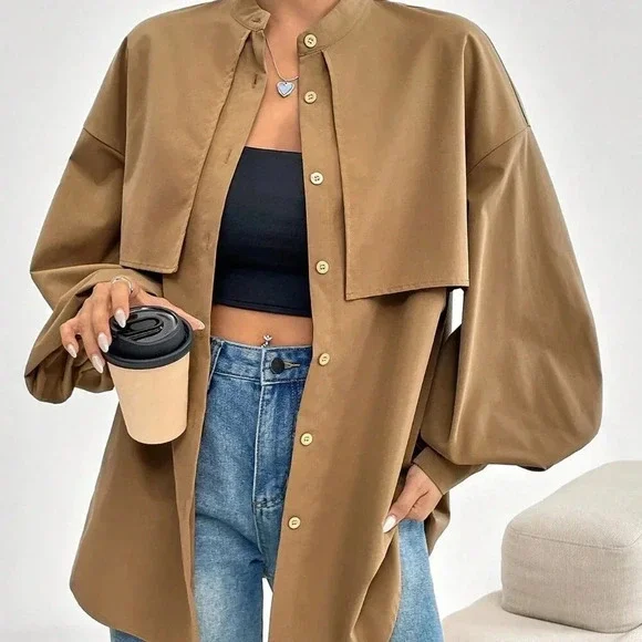 Casual Women's Lantern long Sleeve button down Blouse Tan - Picture 3 of 6